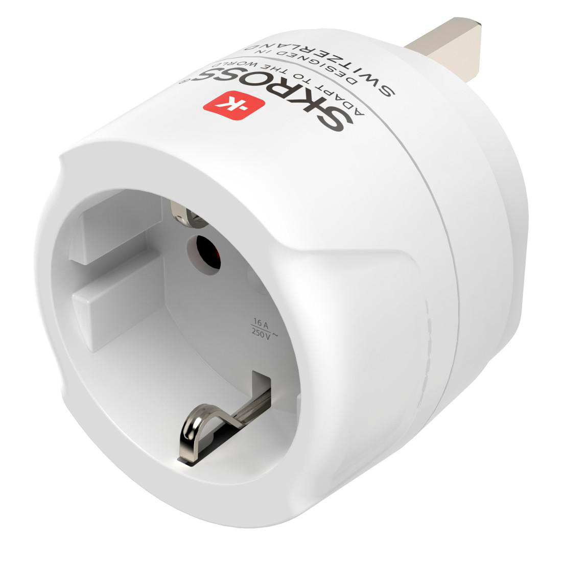 Weißer Reiseadapter mit SKROSS-Logo, für 16A 250V, entworfen in der Schweiz.