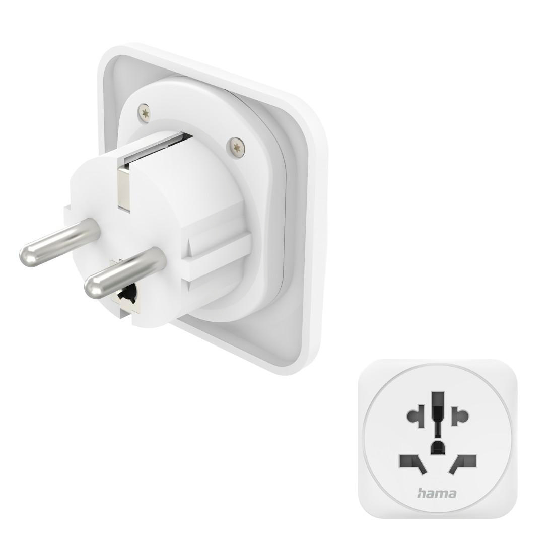 Ein weißer Reiseadapter mit einem Stecker und einer Buchse auf weißem Hintergrund.