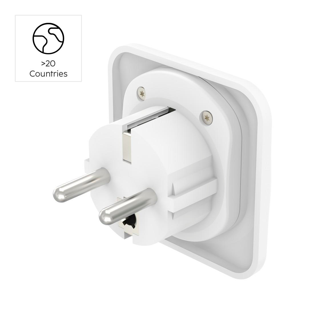 Weißer Reiseadapter mit zwei Metallstiften und einem Erdungsclip.