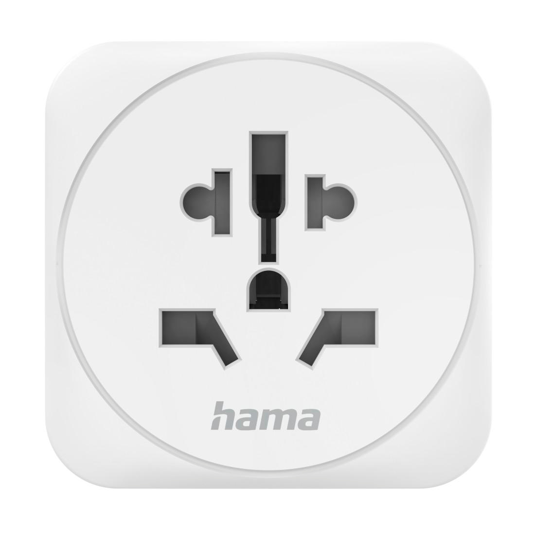 Ein weißer Hama Reiseadapter mit mehreren Steckdosenöffnungen.
