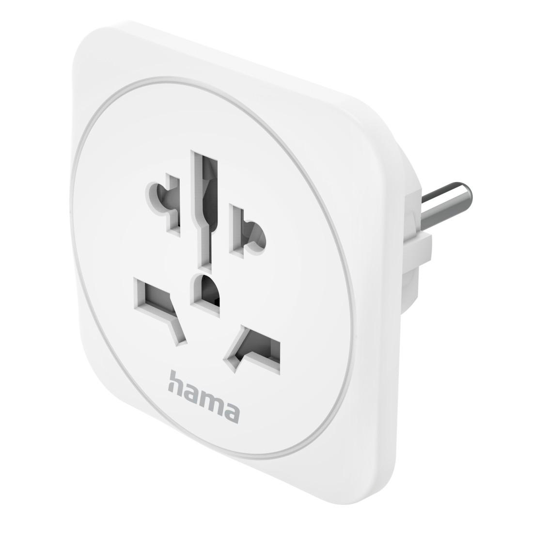 Ein weißer Reiseadapter mit verschiedenen Steckdosen und einem Stecker.