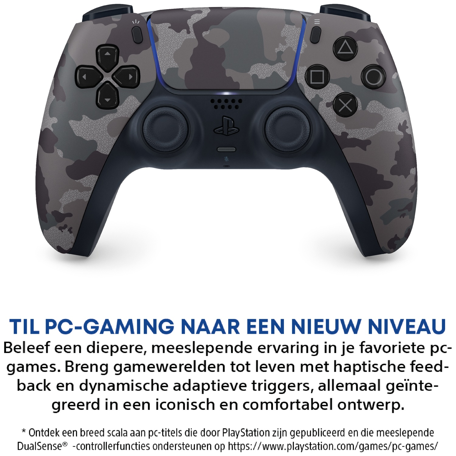 Gray camouflage controller with black accents and blue lighting.