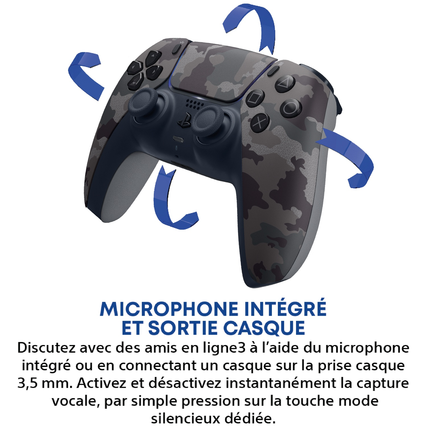 A controller with camouflage pattern, featuring integrated microphone and headphone output.