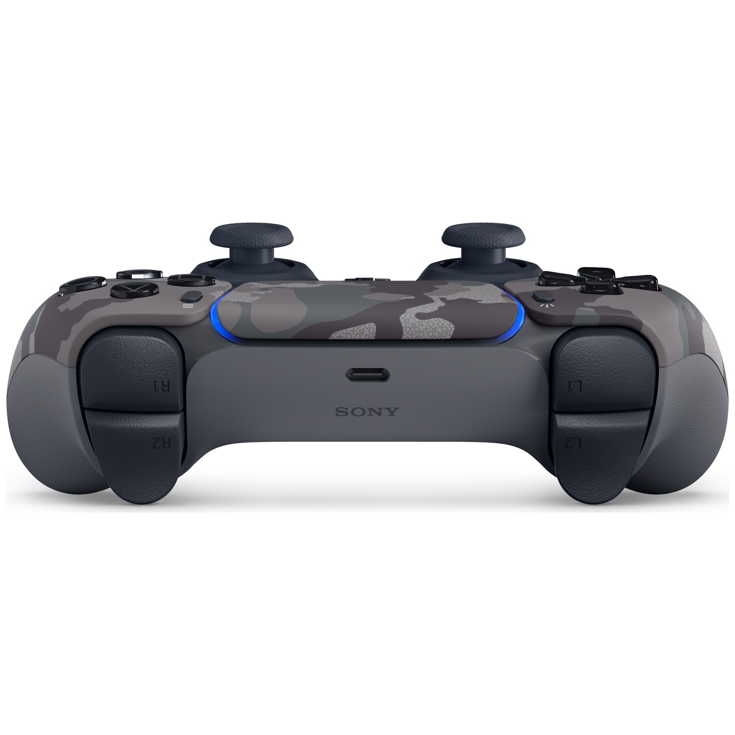 A gray camouflage video game controller with dual analog sticks and buttons.