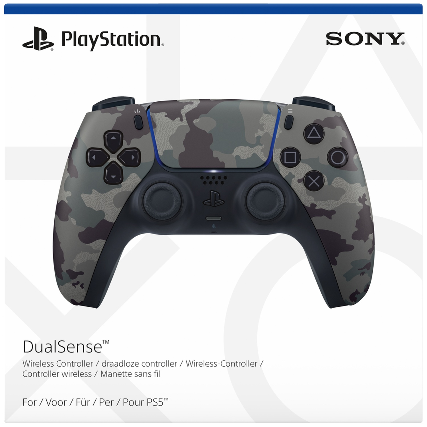 A PlayStation DualSense controller with a camouflage pattern. Analog sticks are on the left and right.