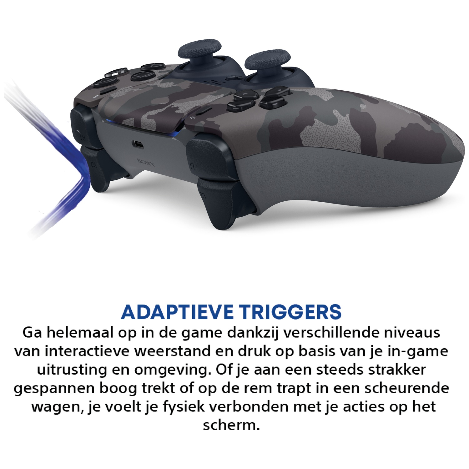 Camouflaged PlayStation controller with blue energy effects.