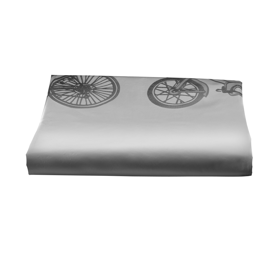 Graue Bettwäsche mit Fahrradmotiv, gefaltet.