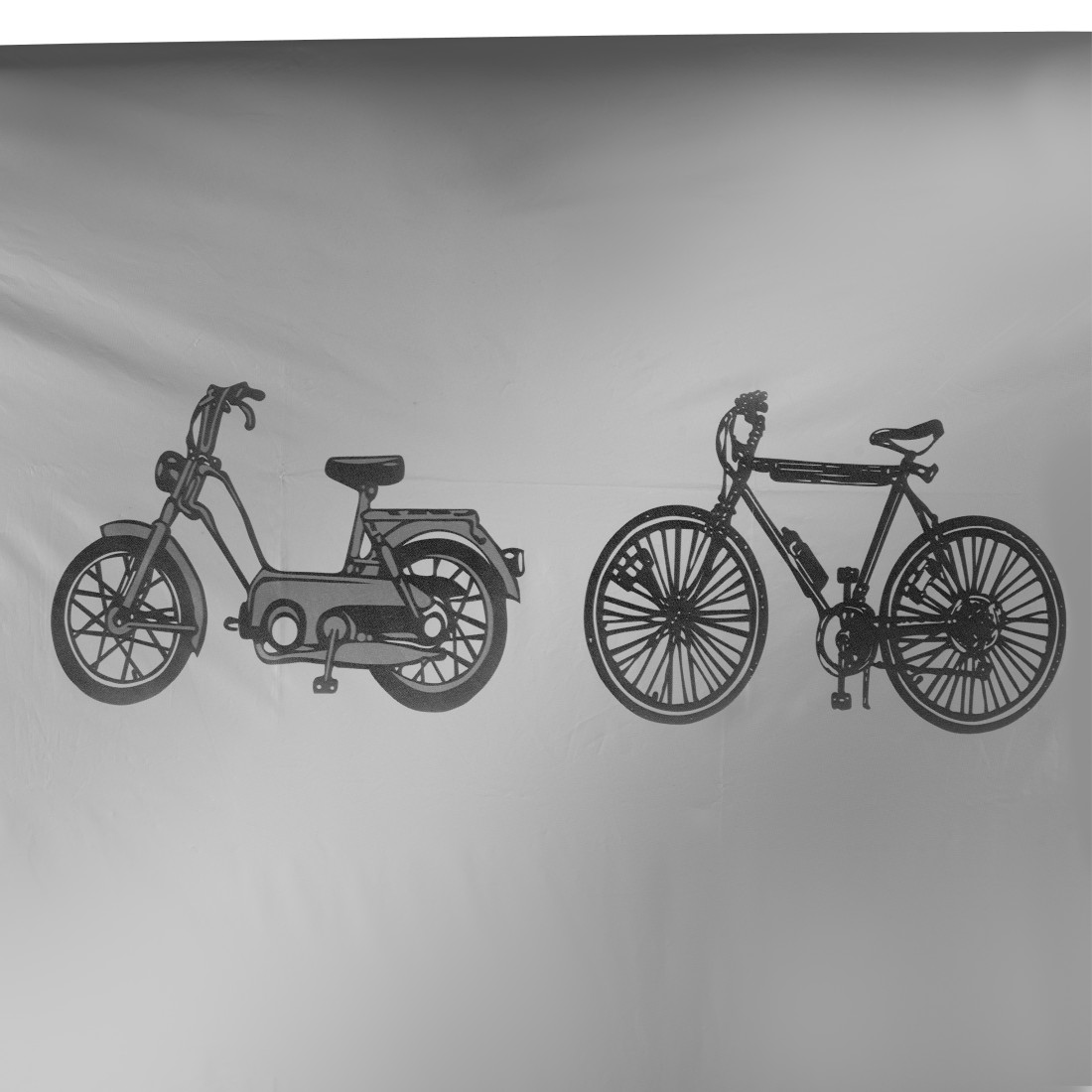 Ein Moped und ein Fahrrad sind nebeneinander auf weißem Hintergrund abgebildet.