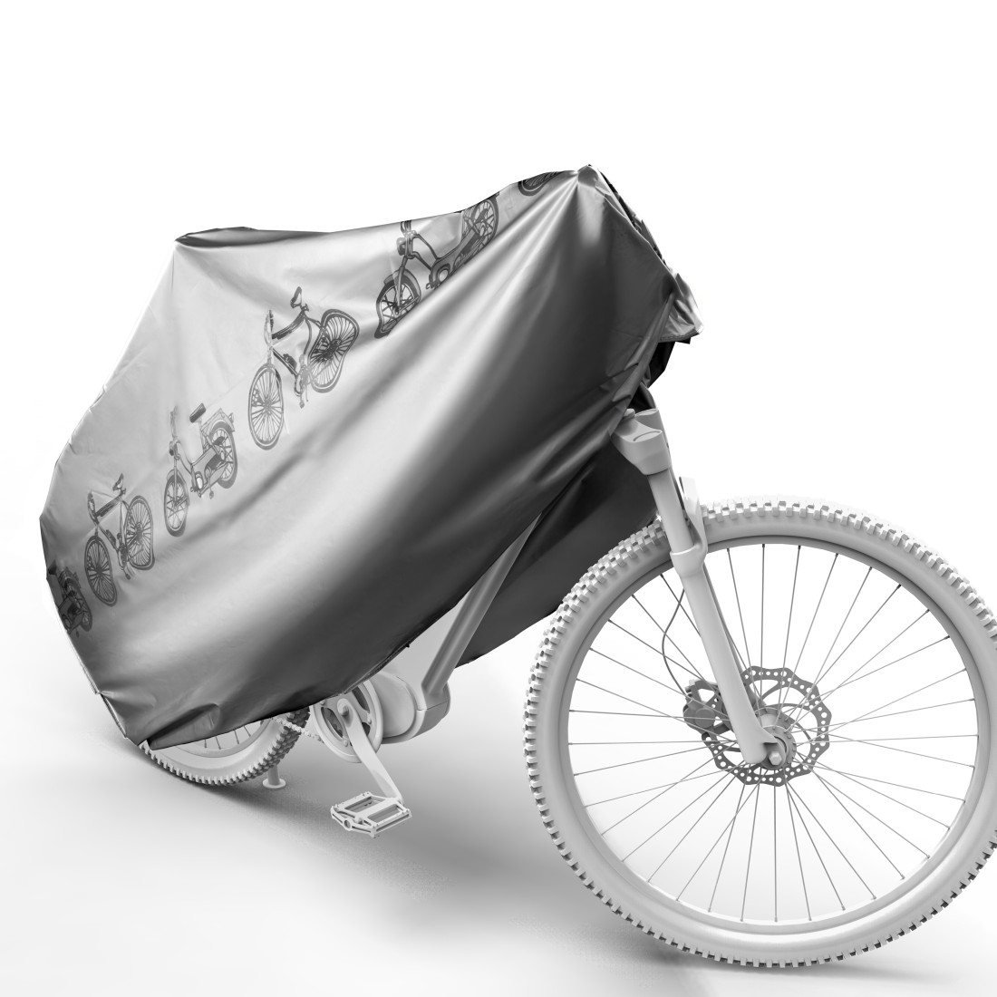 Grauer Fahrradbezug mit Fahrrad-Silhouetten, der ein weißes Fahrrad bedeckt.