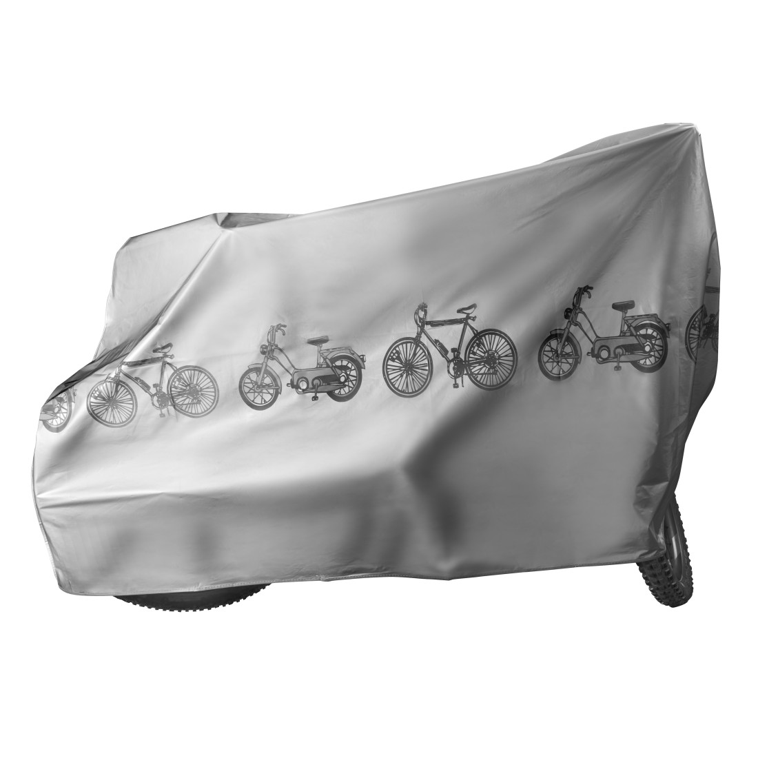 Ein graues Fahrradabdecktuch mit Fahrradaufdrucken, das auf einem Hinterrad steht.