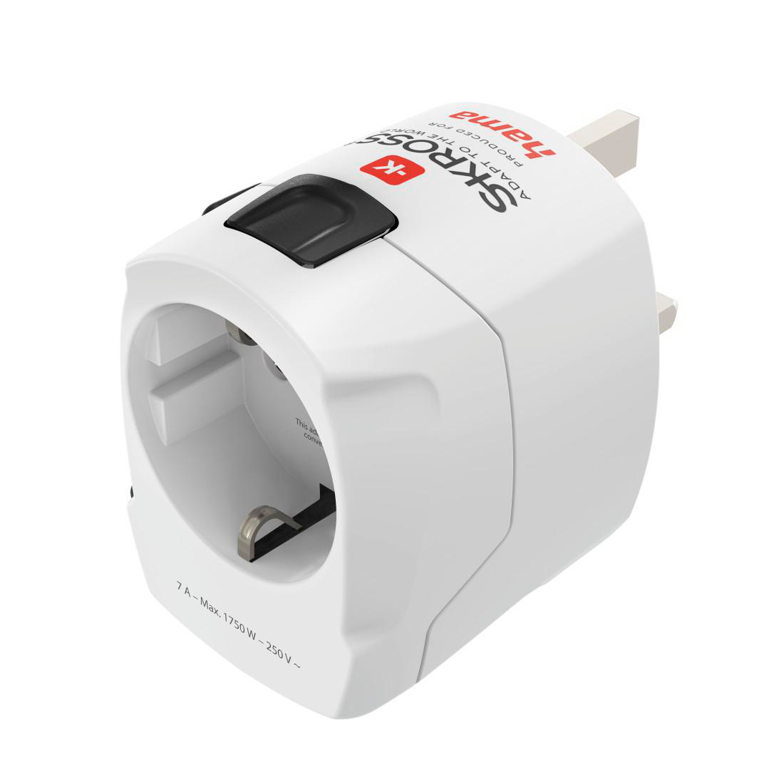 Ein weißer Reiseadapter mit einem Stecker und einer Steckdose. Beschriftung: SKROSS.