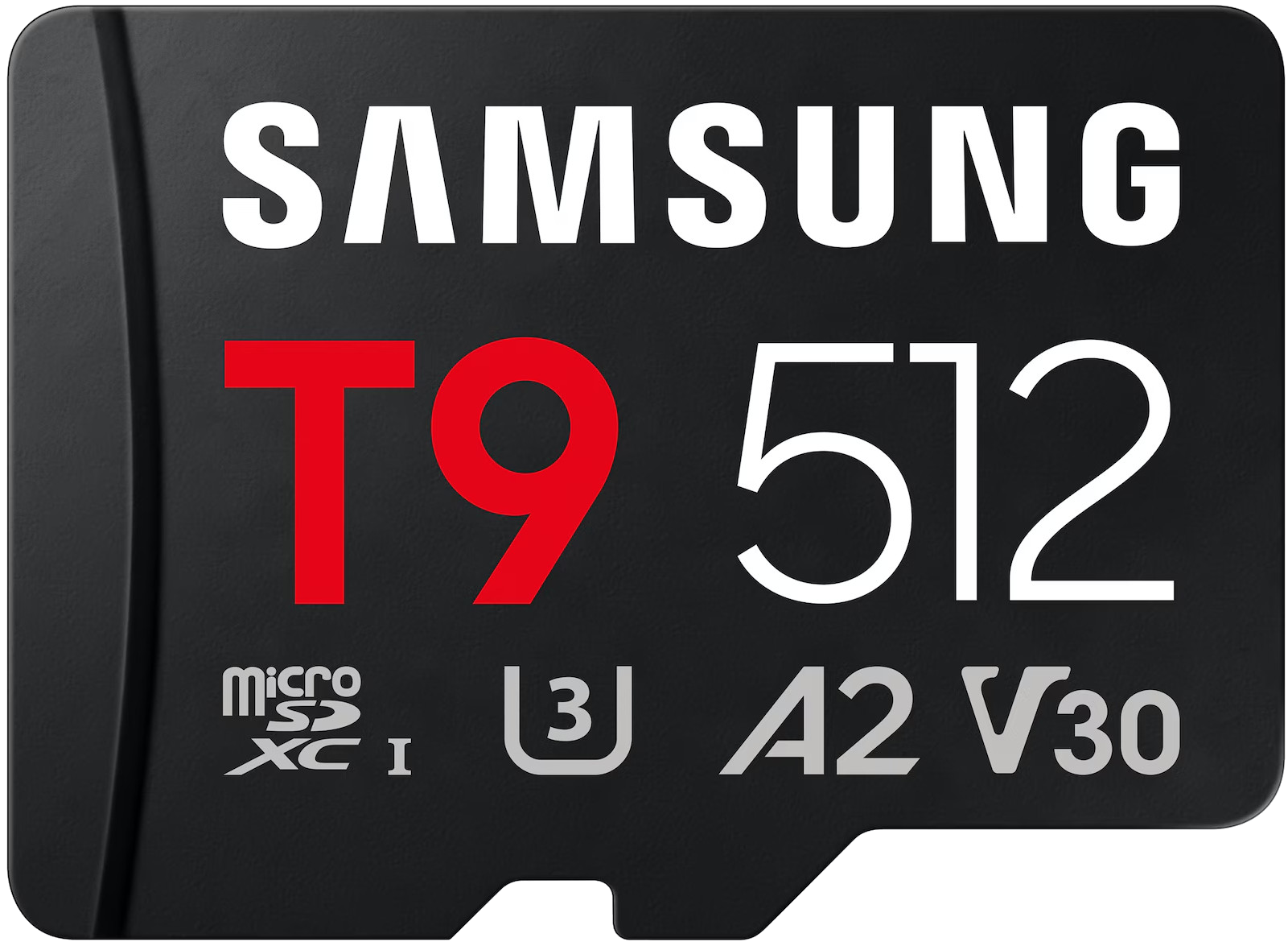 Karta Micro SDXC Samsung T9 512 GB z oznaczeniami U3, A2, V30.