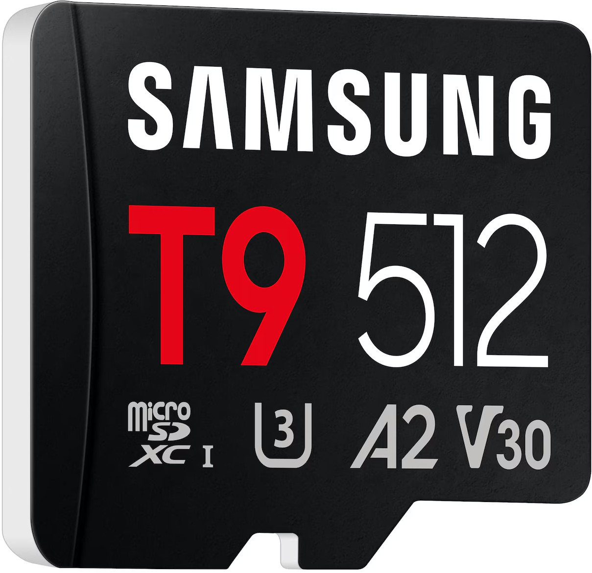 Czarna karta pamięci z oznaczeniami Samsung T9 512 GB, A2, V30.