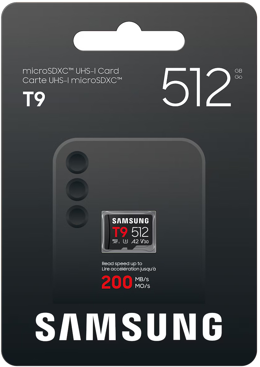 Karta microSDXC Samsung T9 512 GB z prędkością odczytu do 200 MB/s.