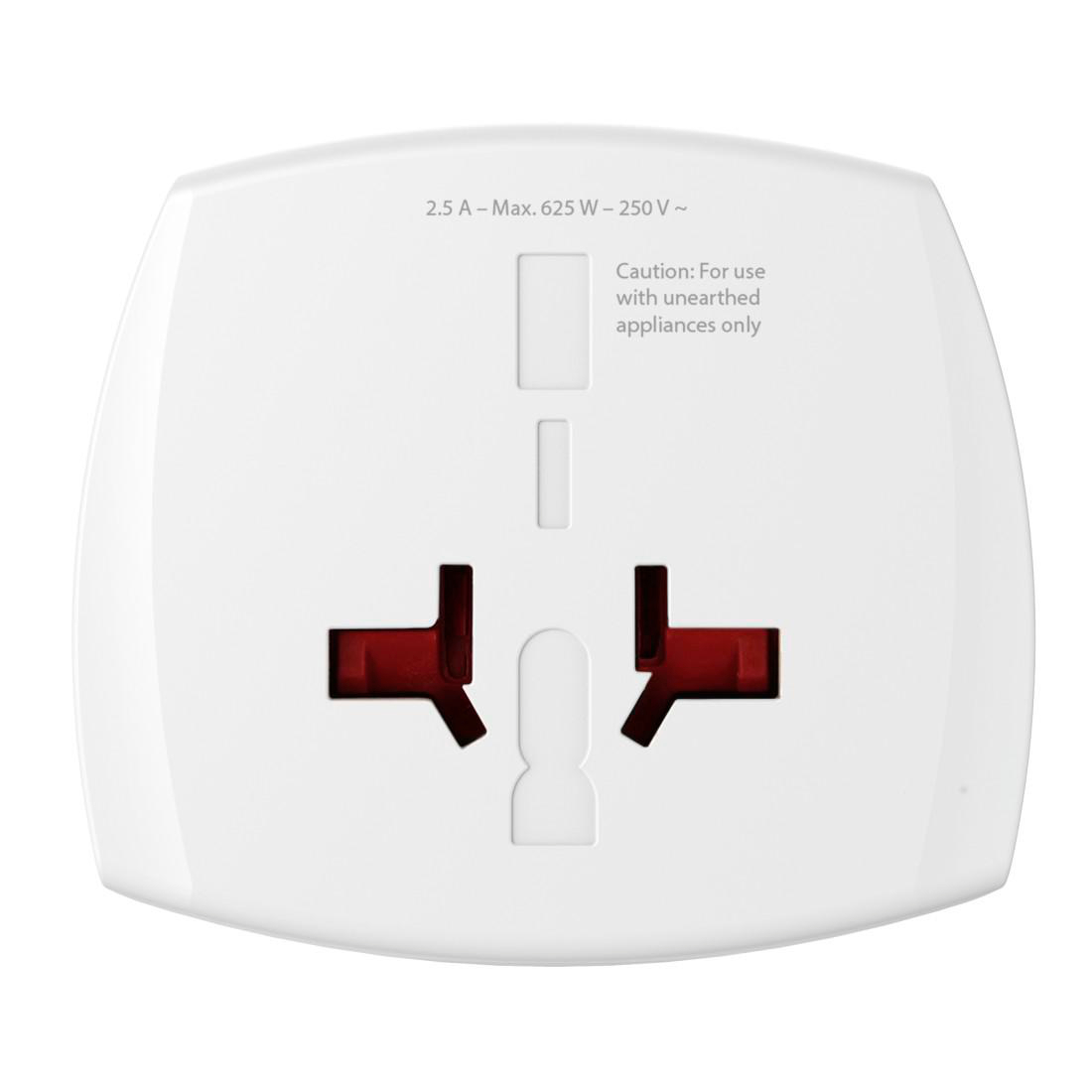 Weißer Universal-Netzadapter mit roten Steckplätzen für Stecker. Max. 625W.