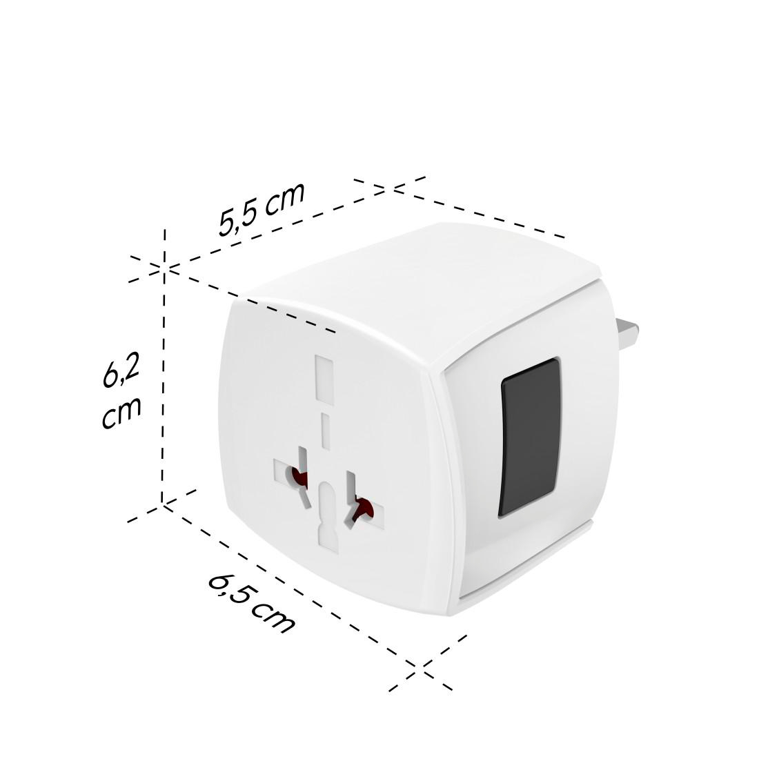 Weißer Reiseadapter mit Maßen 6,5 x 6,2 x 5,5 cm und schwarzem Schalter.