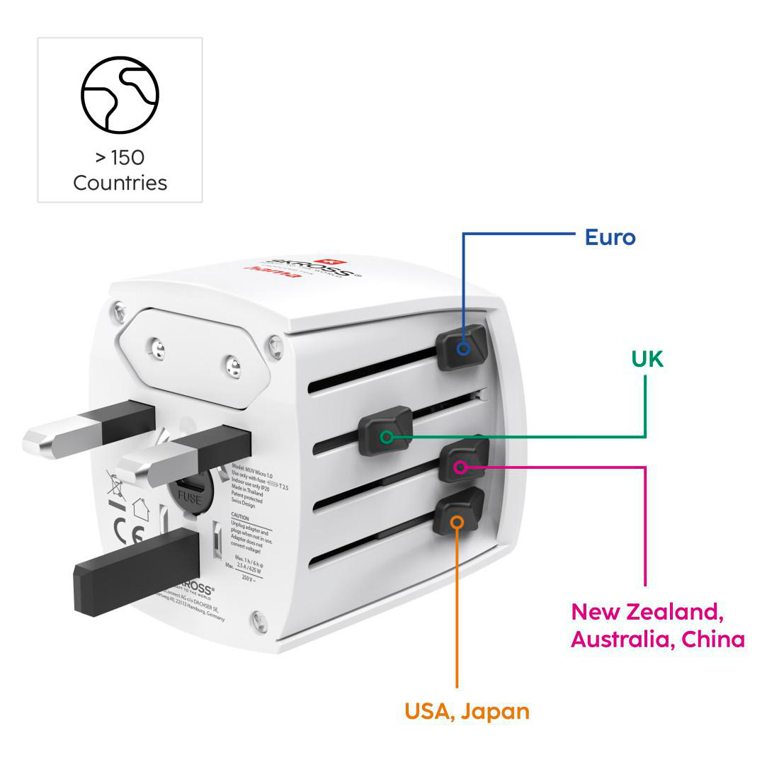 Ein weißer Reiseadapter mit ausziehbaren Steckern für Euro, UK, USA, Japan, Australien, China.