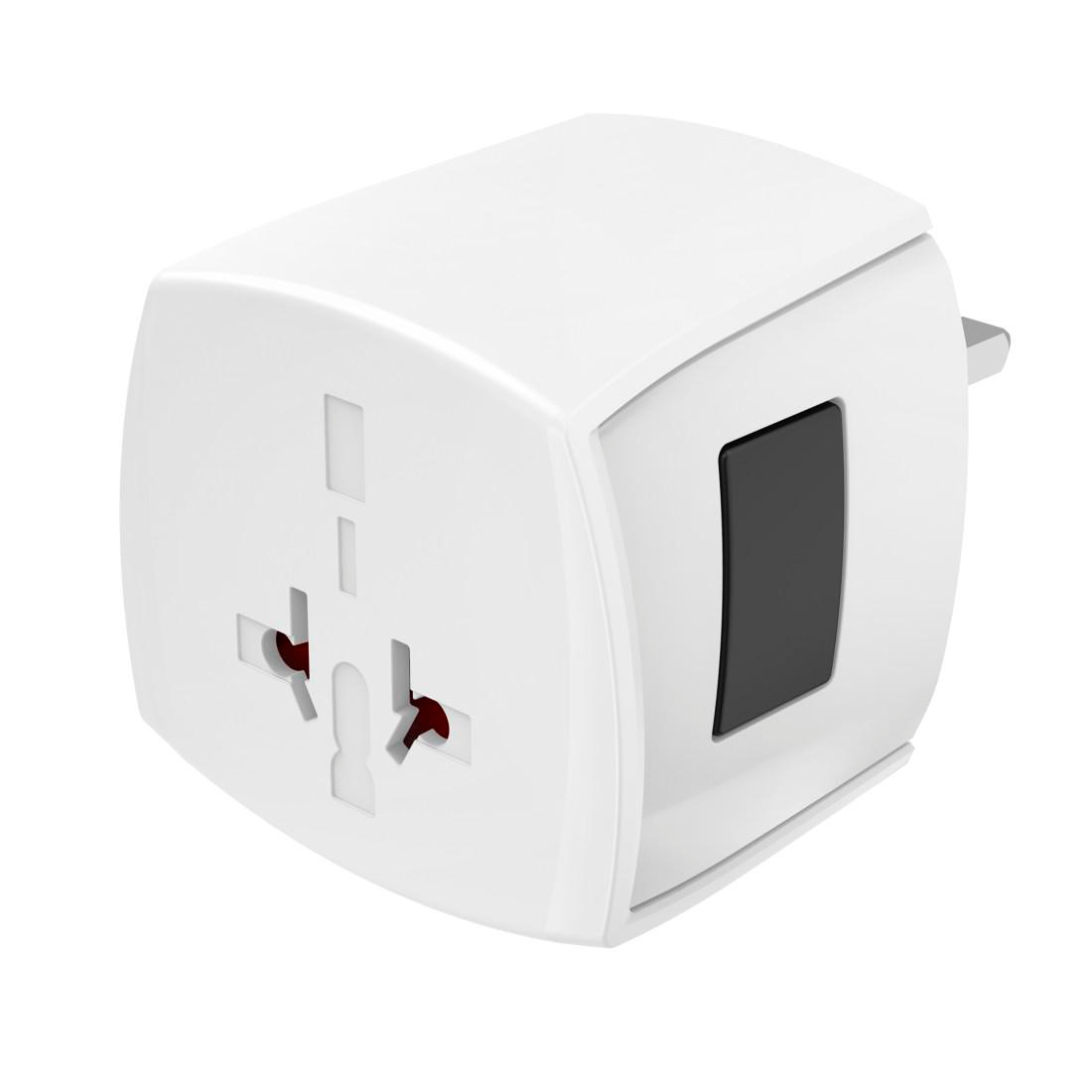 Ein weißer Universaladapter mit mehreren Steckplätzen und einem dunklen rechteckigen Element.