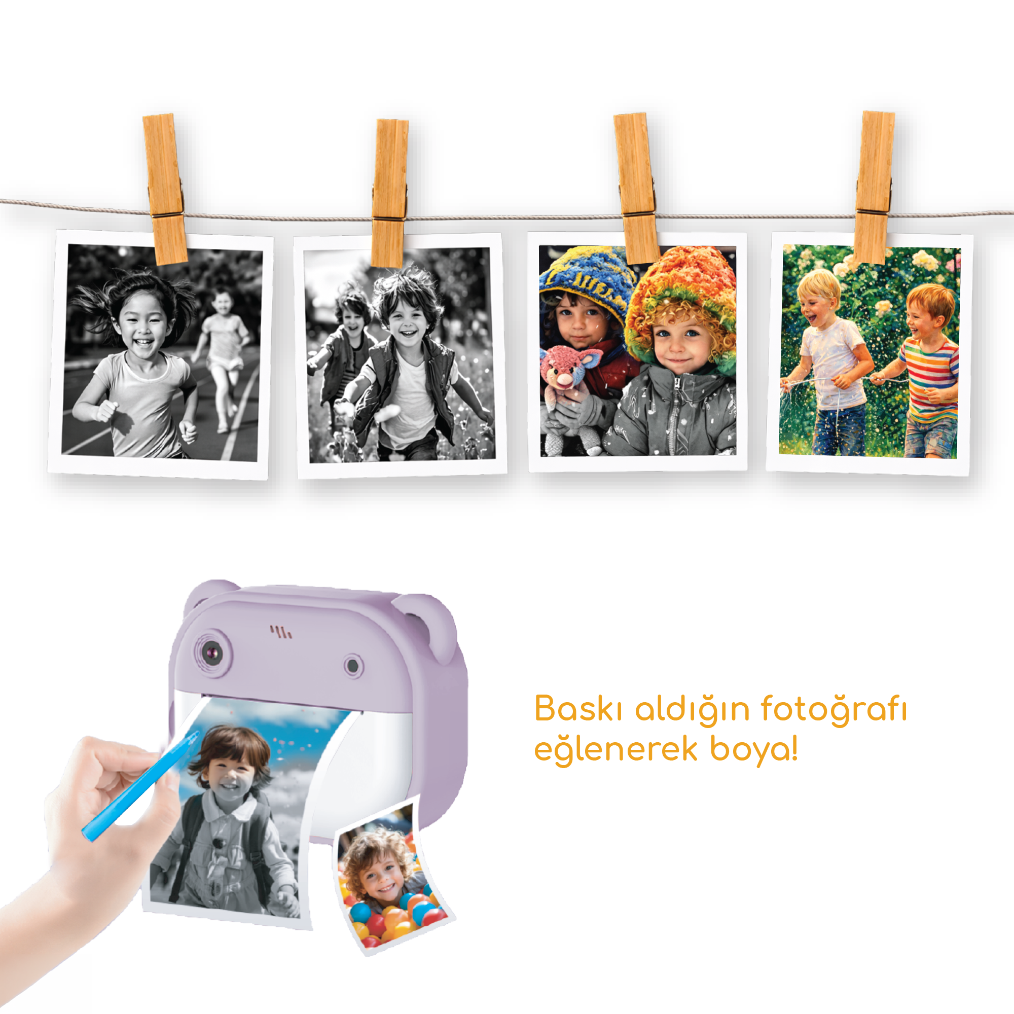 Mor bir yazıcı bir çocuğun fotoğrafını basıyor. Dört fotoğraf bir ipte asılı.