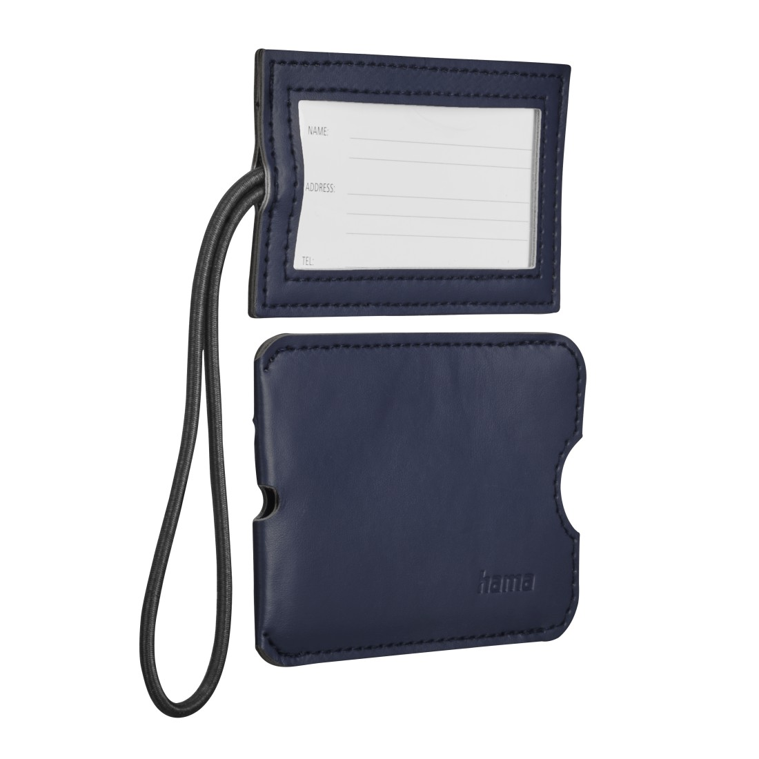 Dunkelblaue Leder-Kofferanhänger mit Namensfeld und elastischer Schlaufe.