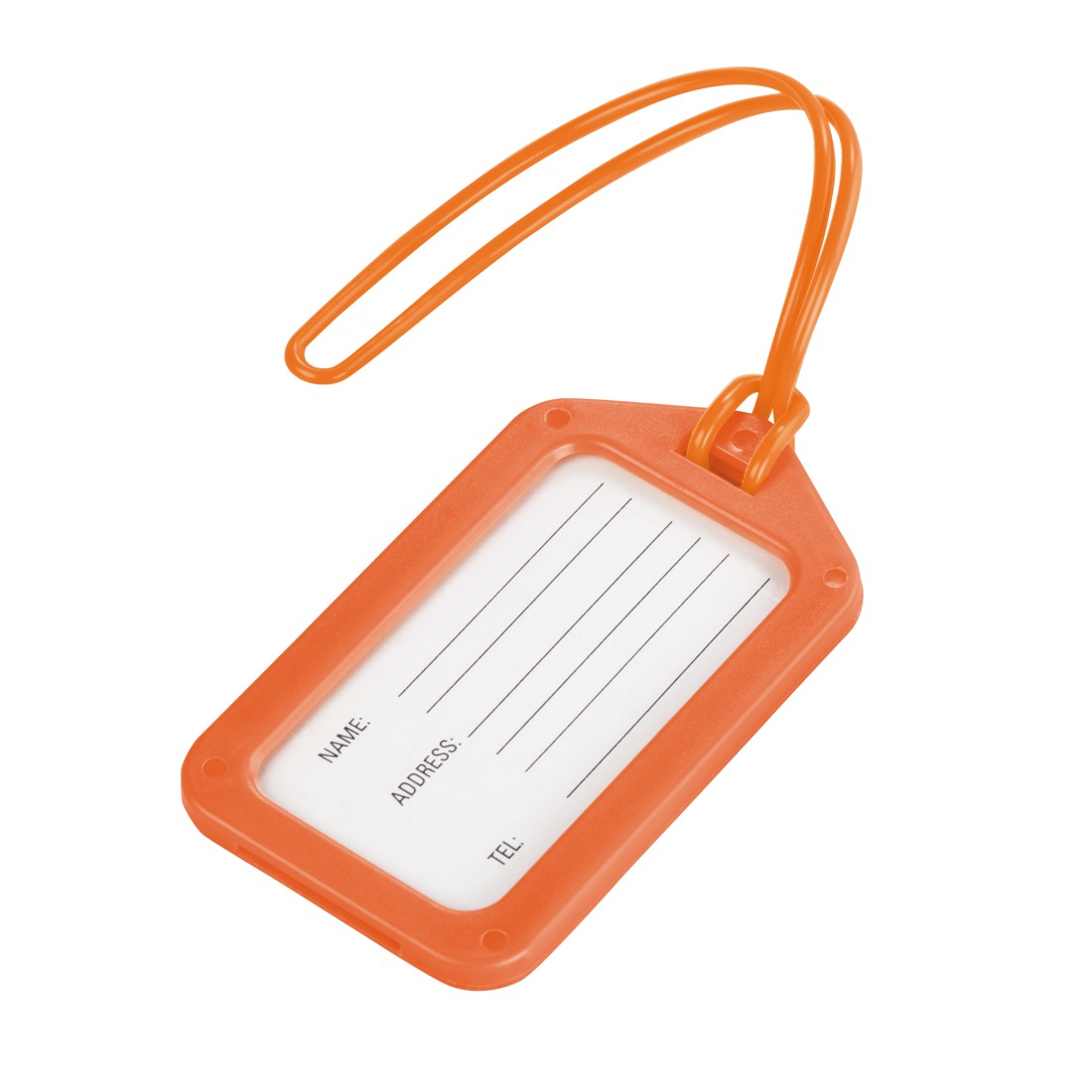 Orange Gepäckanhänger mit Schnur. Beschriftungsfeld hat Linien für Name, Adresse und Telefon.