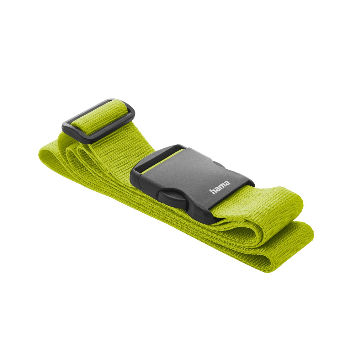Ein leuchtend grnes Gepckband mit schwarzem Clip und Hama-Logo.