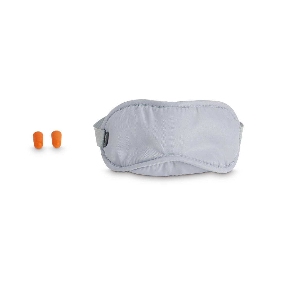 Ein grauer Schlafmasken und zwei orange Ohrstöpsel auf weißem Grund.