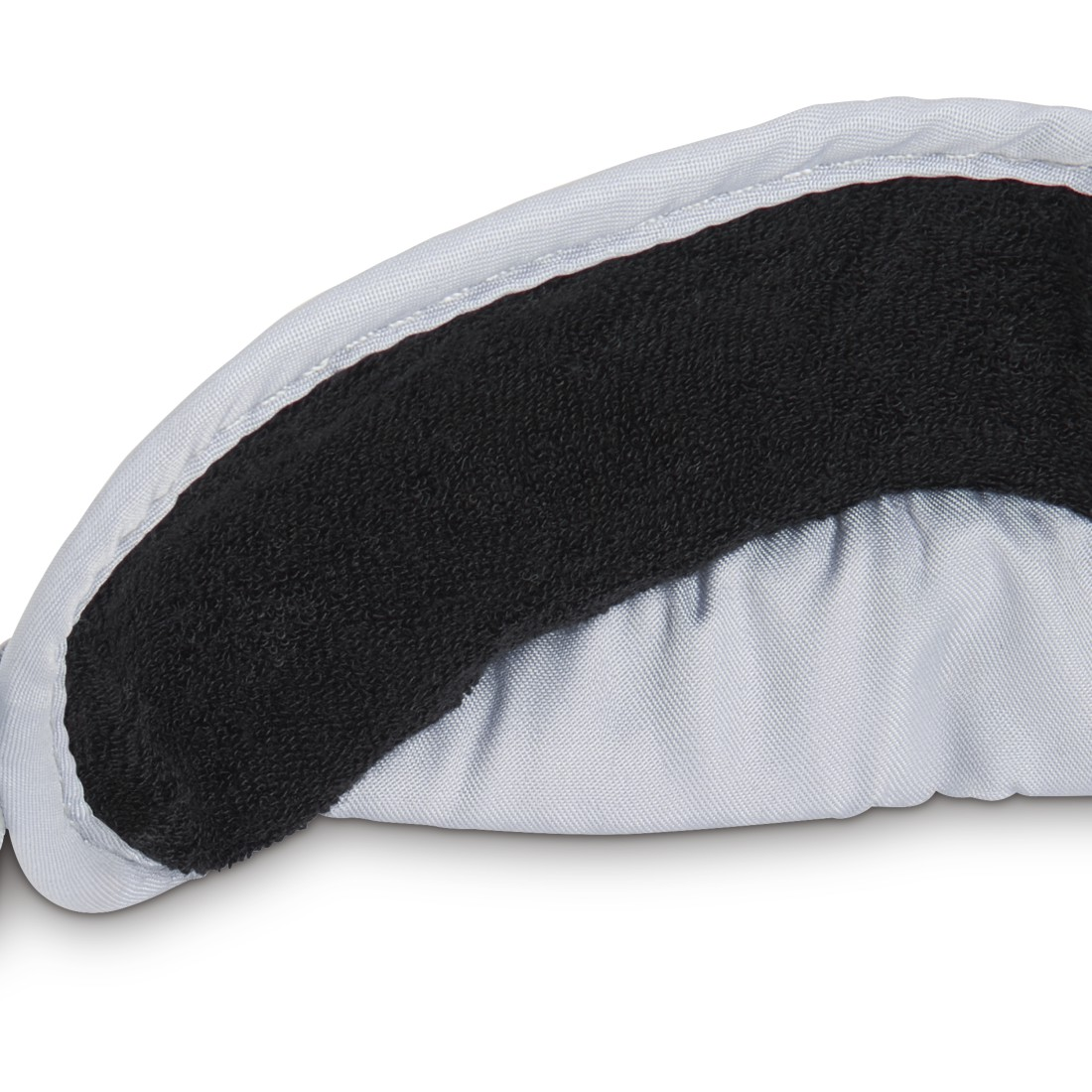 Graues und schwarzes gepolstertes Nackenkissen mit Stoffbezug.