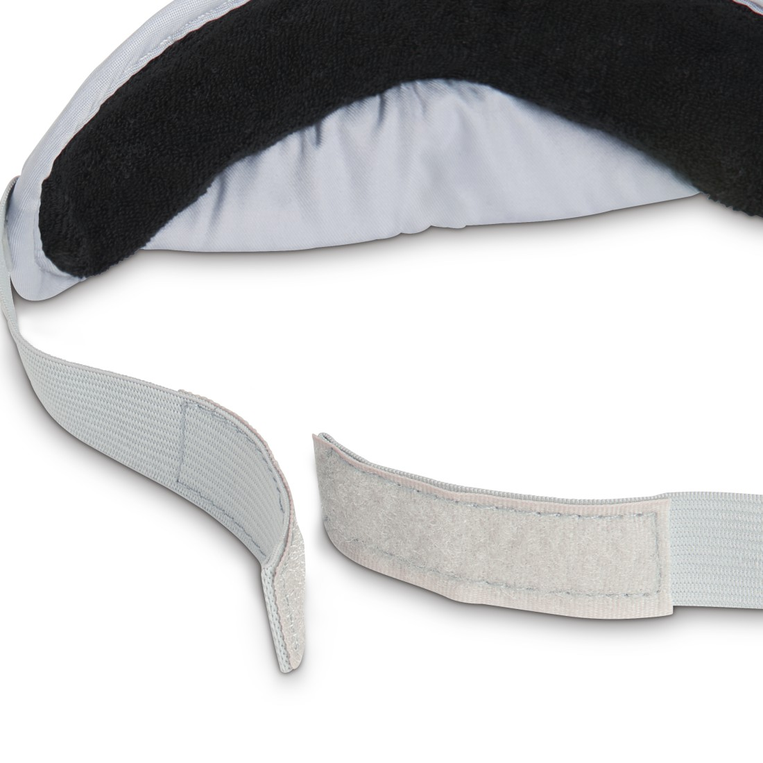 Graues Stoffband mit schwarzem Futter und Klettverschluss.