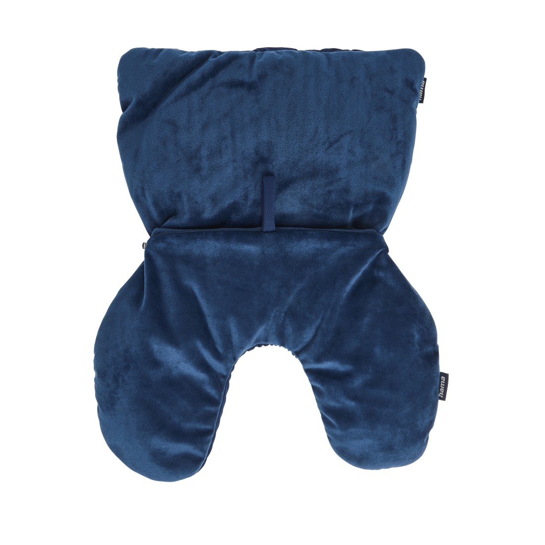 Ein blauer, U-förmiger Nackenkissen aus Samt mit einem Haken und einer Schlaufe.