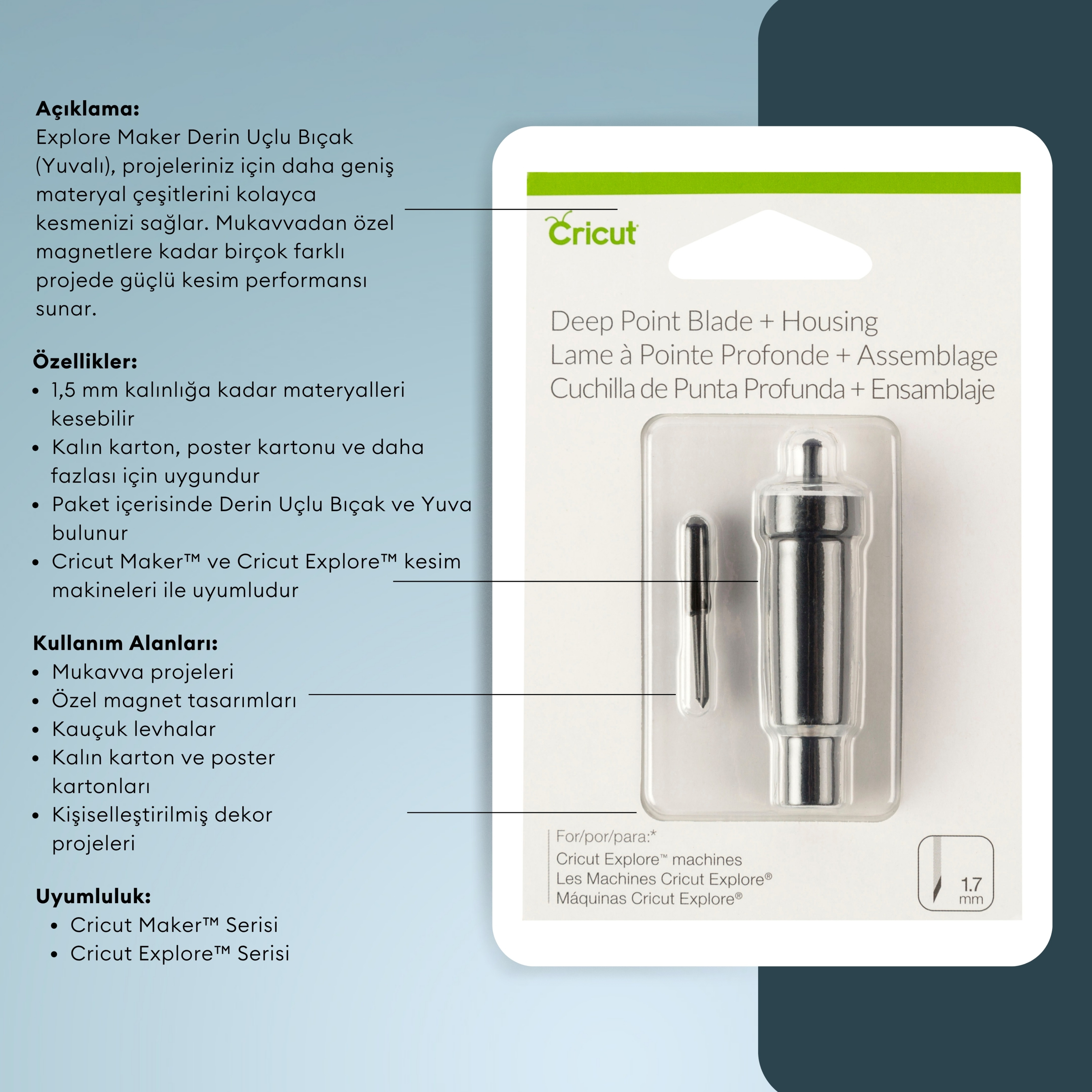 Cricut Deep Point Bıçak + Yuva, kalın materyalleri kesmek için.