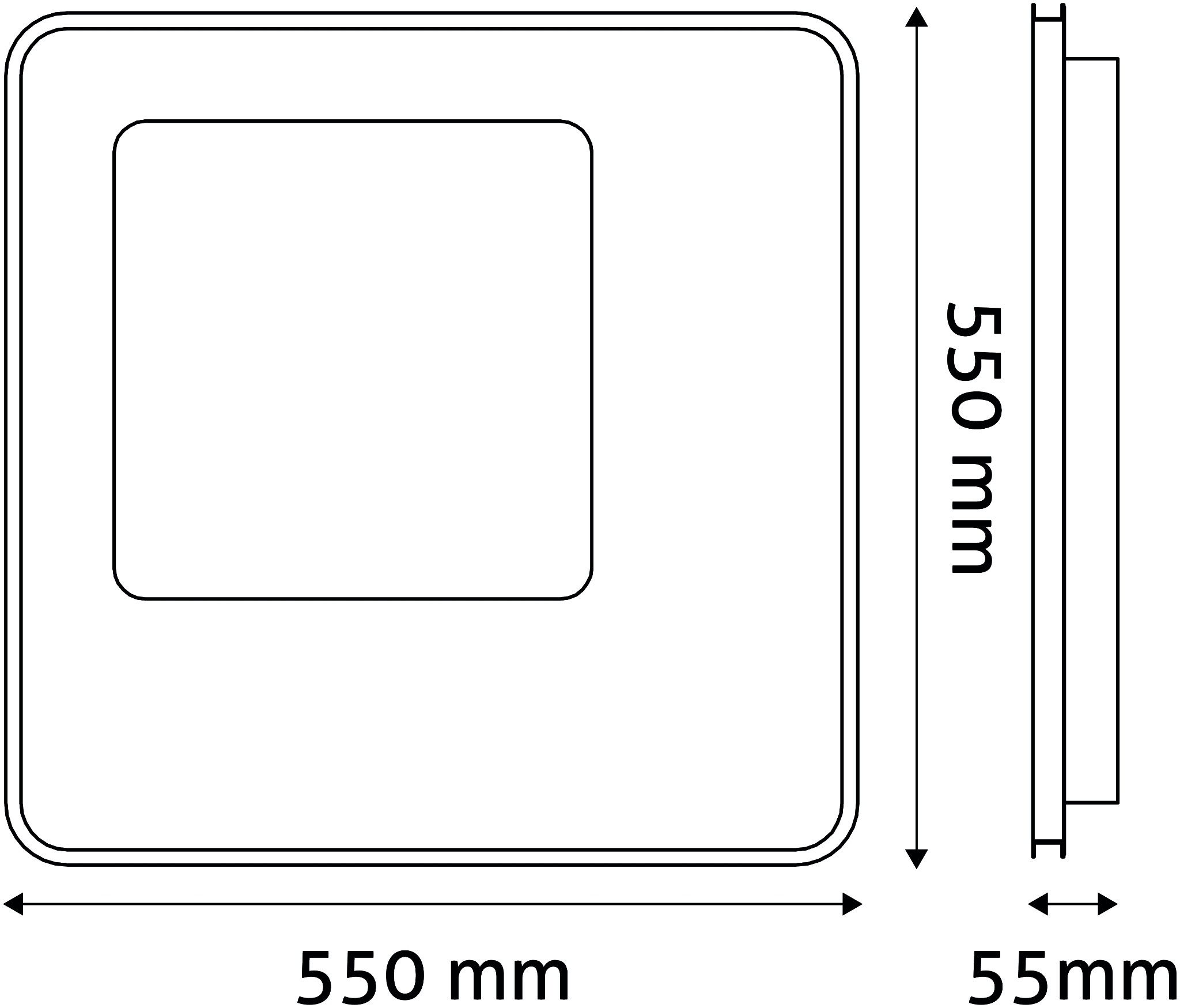 Egy 550 mm x 550 mm x 55 mm-es négyzet alakú termék műszaki rajza.