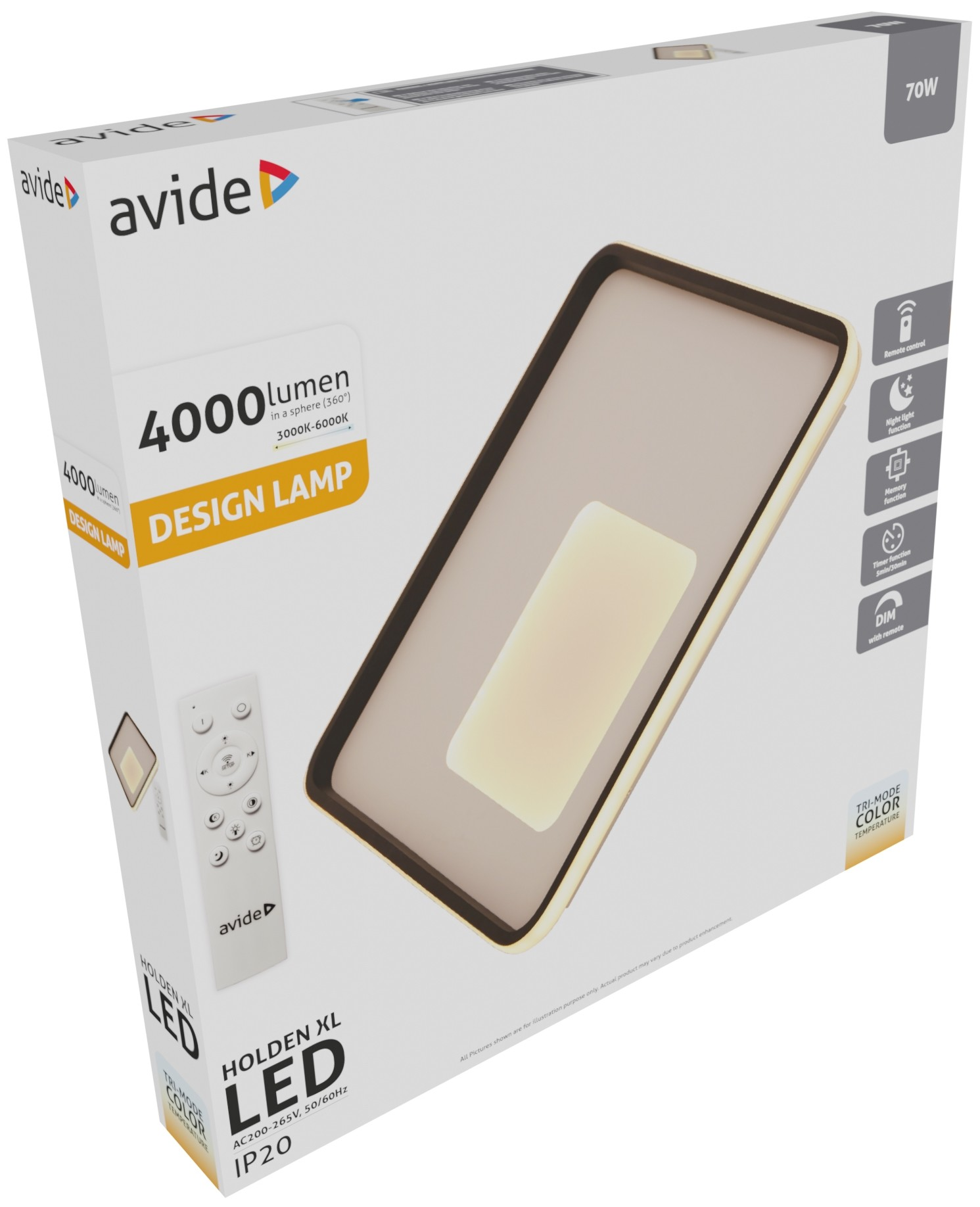 Egy dizájn lámpa csomagolása távirányítóval, 4000 lumen, 70W.