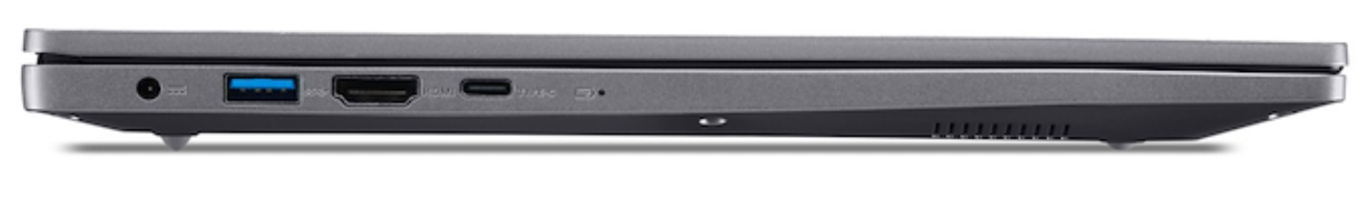 Perfil de portátil gris con puertos: alimentación, USB-A, HDMI, USB-C y audio.