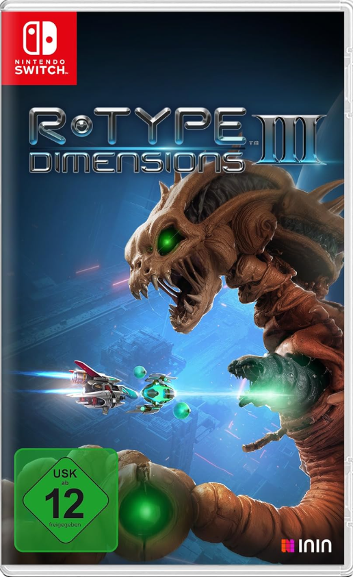Ein Raumschiff kämpft gegen ein riesiges Alien mit grünen Augen. R-Type Dimensions EX.