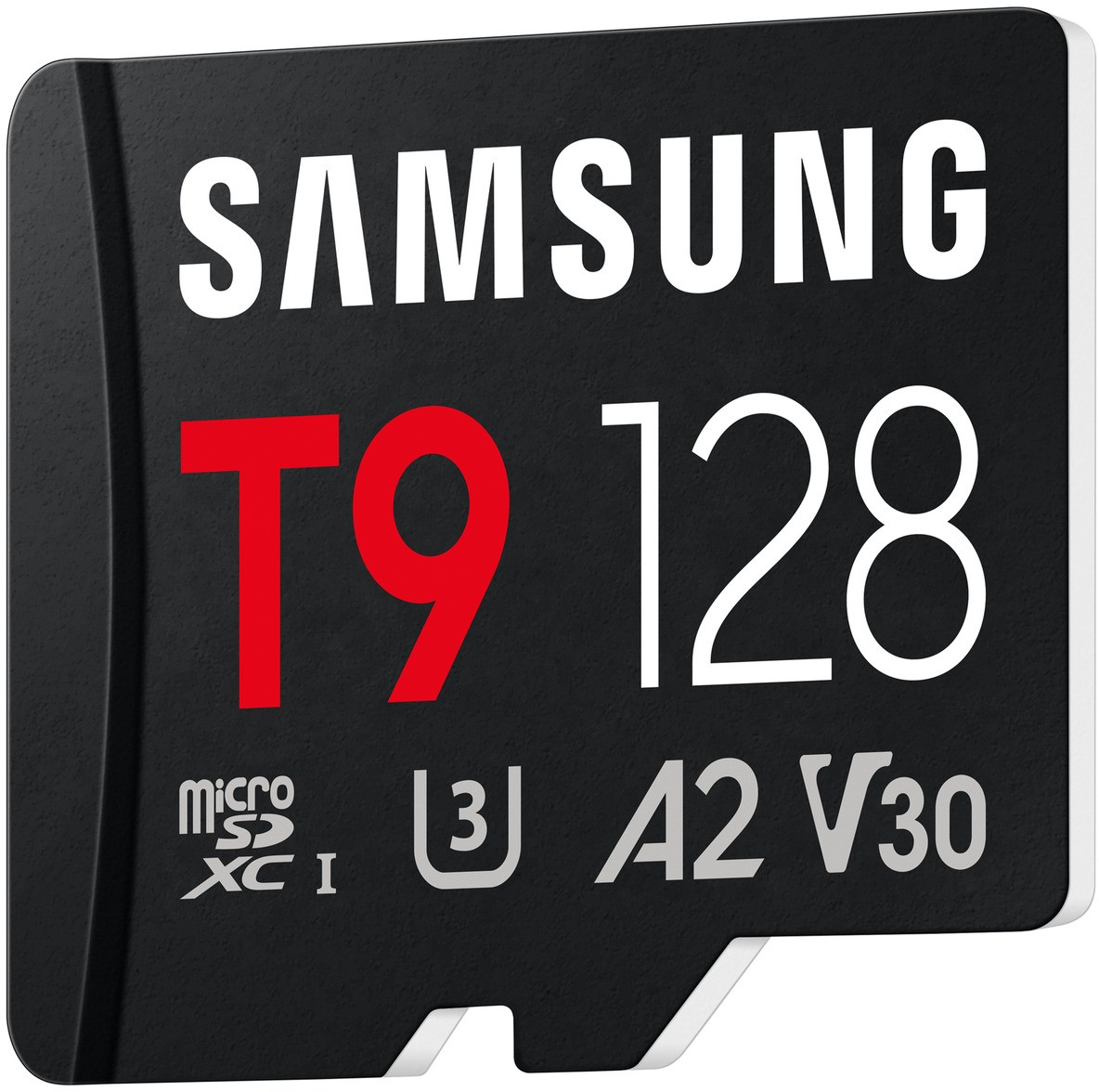 Czarna karta microSD z białym logo Samsung, czerwonym T9 i pojemnością 128GB.