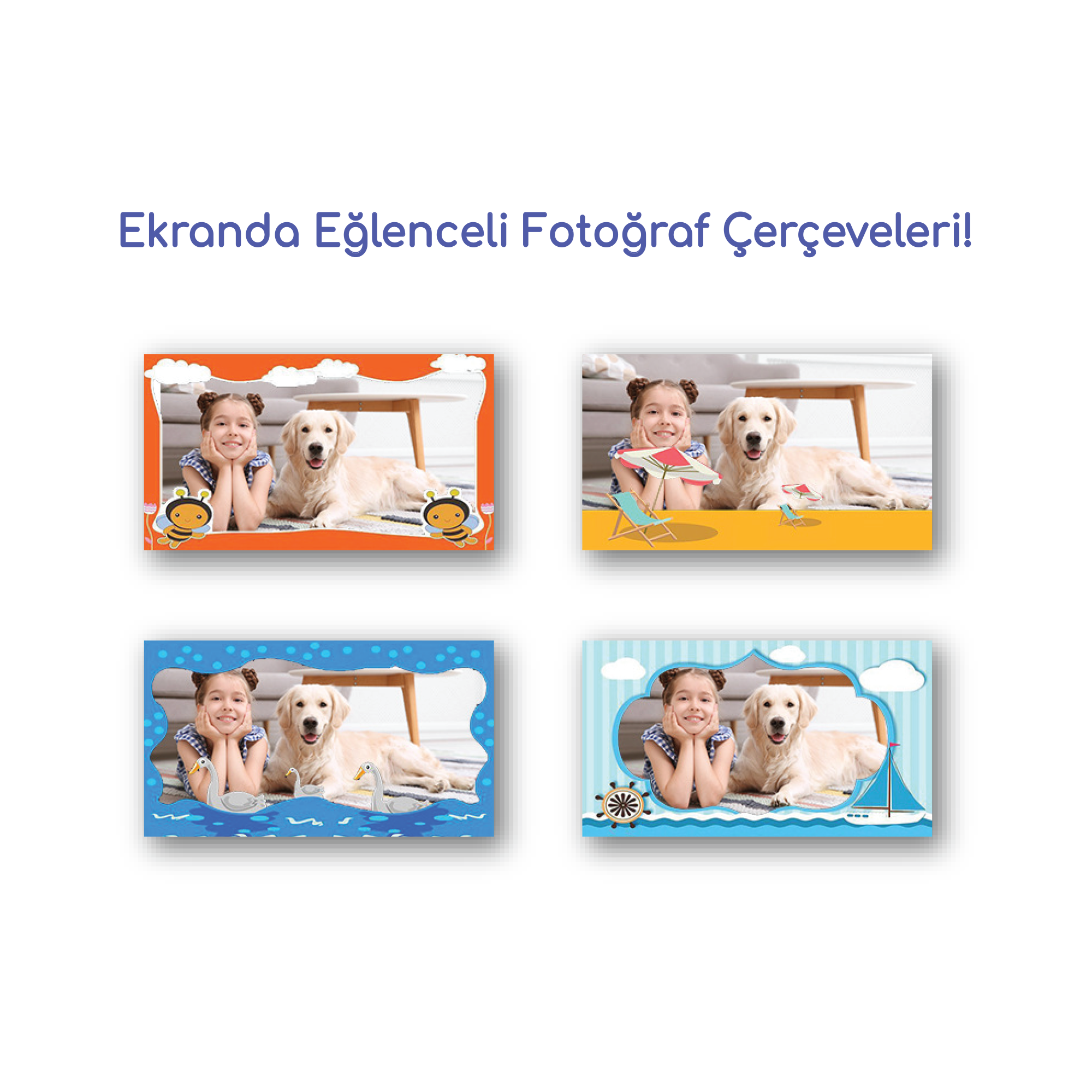 Kız ve köpekle dört fotoğraf çerçevesi. Temalar: arılar, plaj, ördekler, yelkenli.