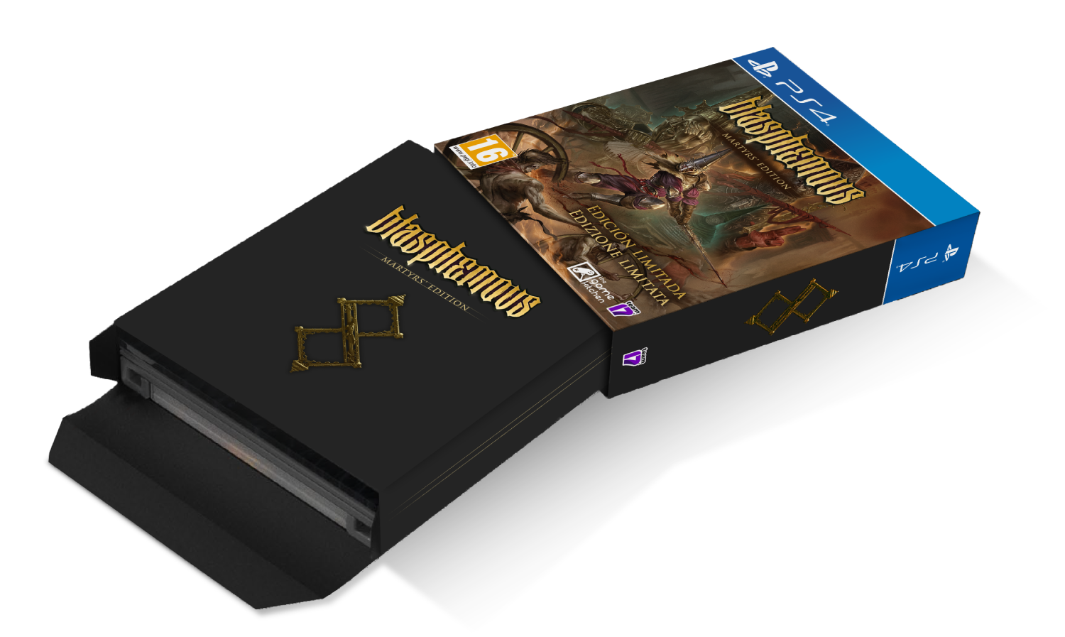 Juego Blasphemous Martyrs Edition PS4 en caja negra con logo dorado.