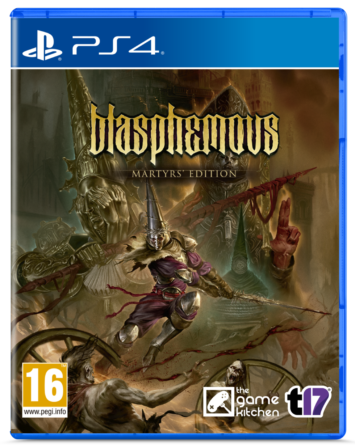 Portada del juego PS4: Blasphemous Martyrs' Edition. Caballero lucha contra monstruos.
