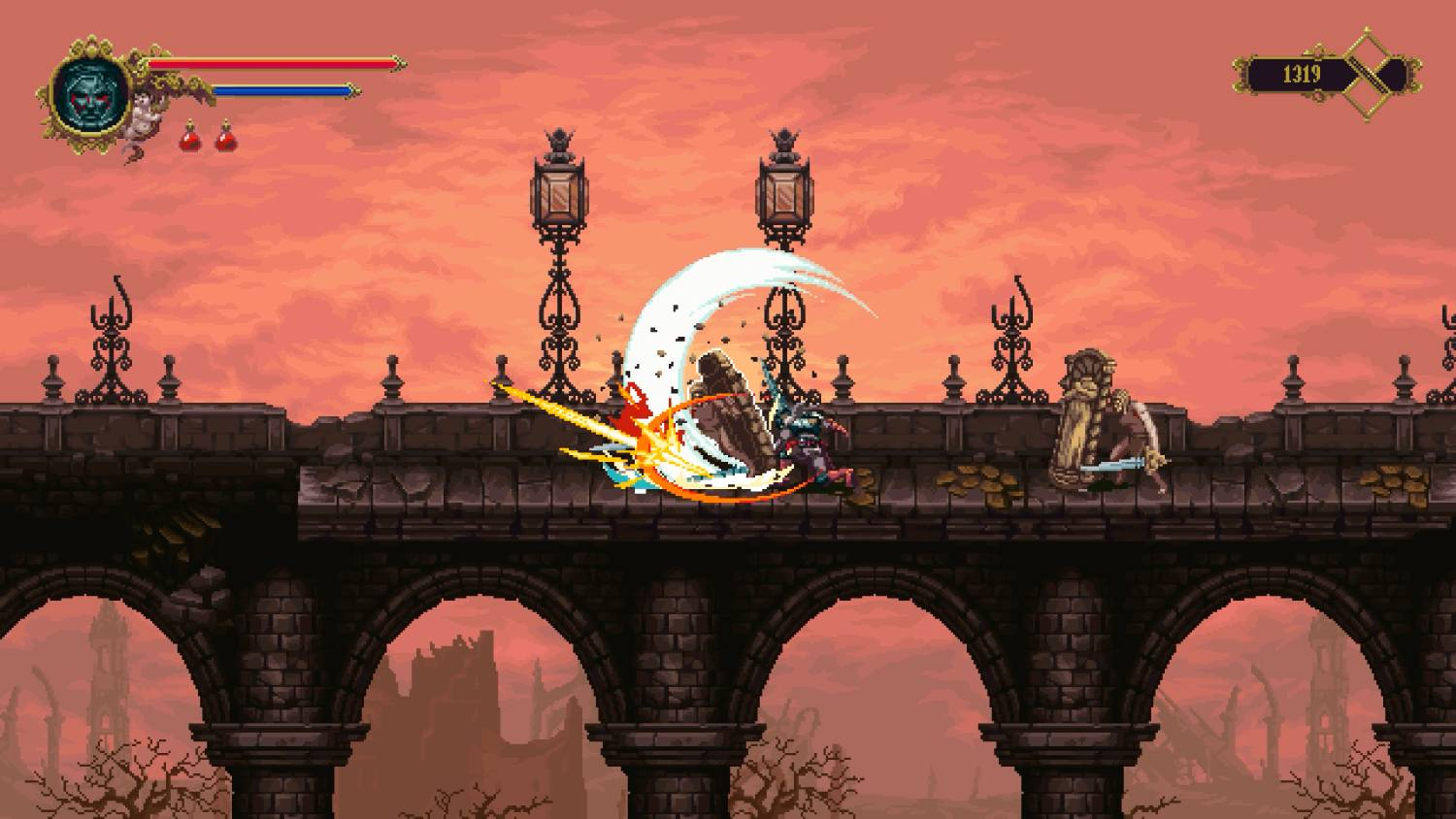 Escena de combate pixelado en un puente con cielo ardiente.
