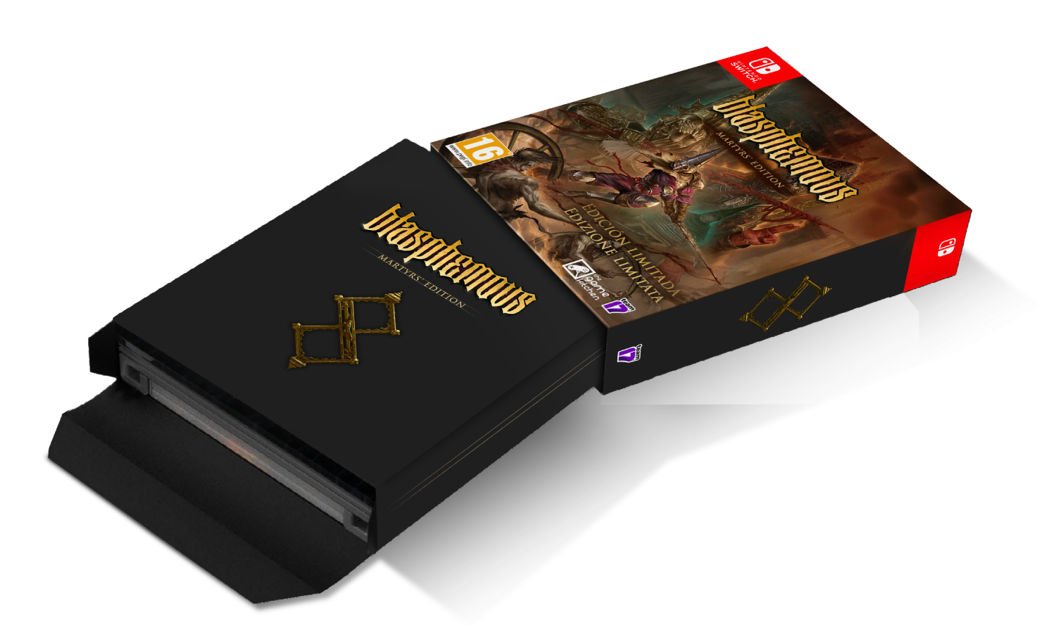 Juego Nintendo Switch Blasphemous Martyrs Edition en caja negra con símbolos dorados.