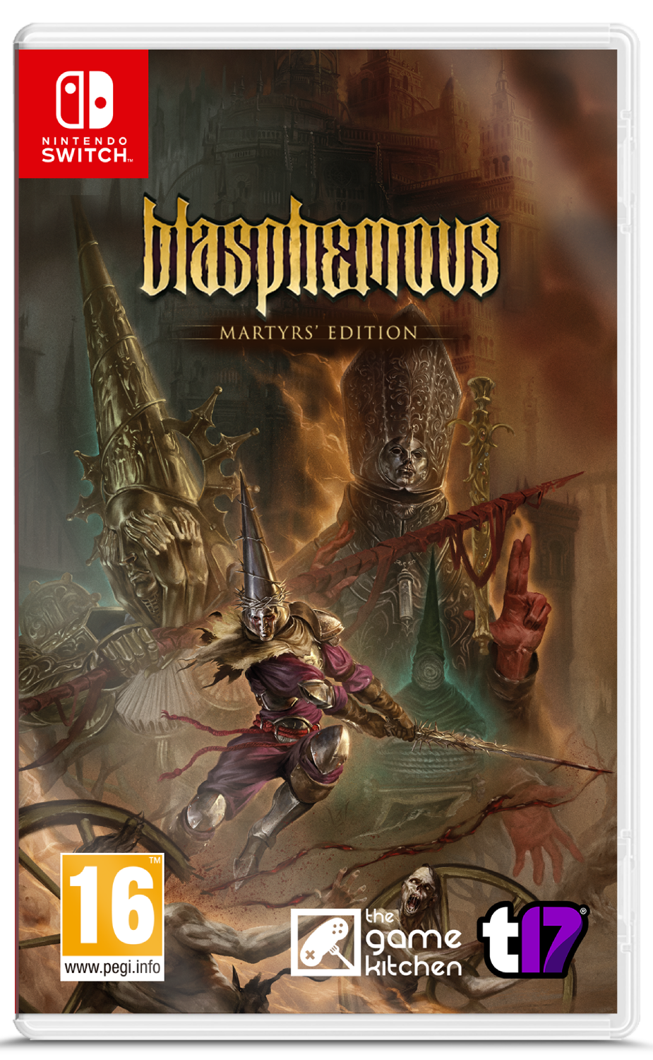 Portada: Blasphemous "Martyrs' Edition" para Nintendo Switch con figuras.