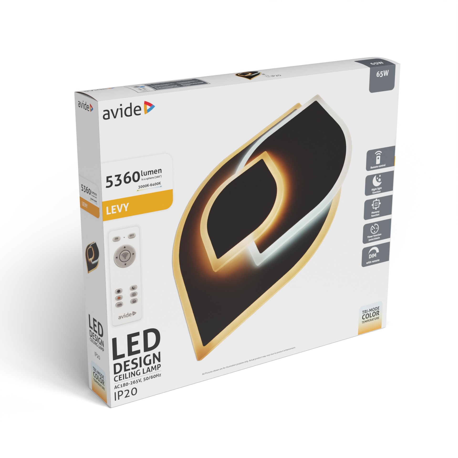 Doboz modern LED mennyezeti lámpát mutat távirányítóval, 5360 lumen, 65W.