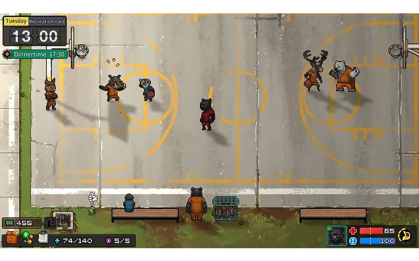 Arte de píxeles: Personajes animales jugando baloncesto en un patio. Un oso se sienta en un banco.