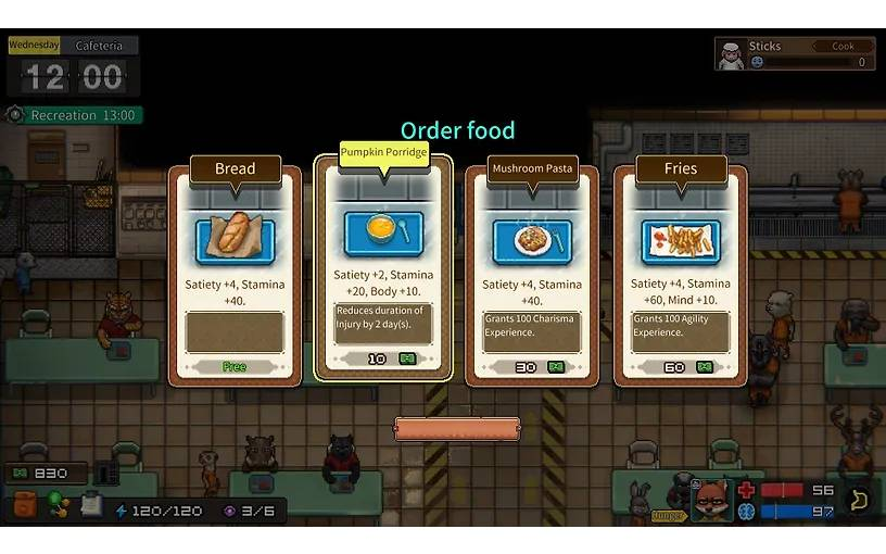 Menú del juego que muestra opciones de comida: Pan, Porridge de Calabaza, Pasta de Champiñones, Papas Fritas.