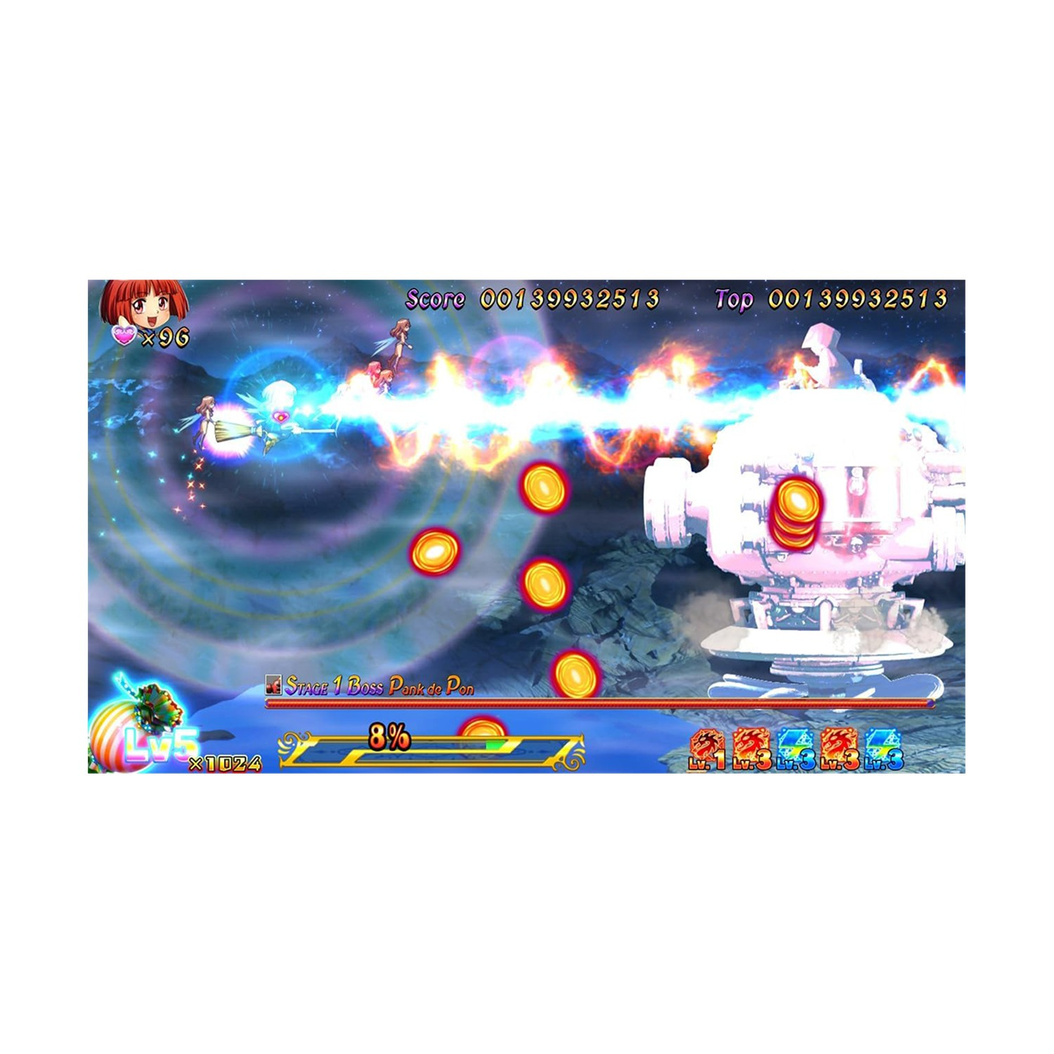 Una escena de videojuego con personajes voladores, ráfagas de energía y detalles de puntuación.