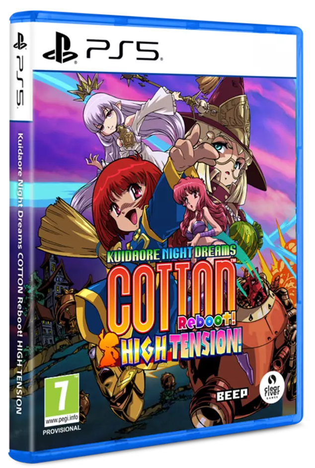Portada de juego PS5 con ilustración de anime de Cotton y amigos montando escobas.