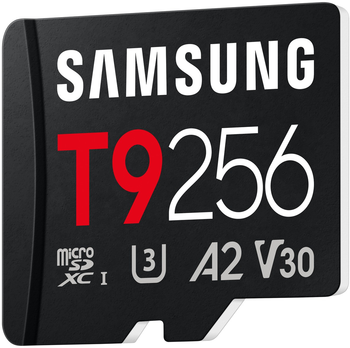Czarna karta pamięci z białym logo Samsung, czerwonym T9 i białym 256.