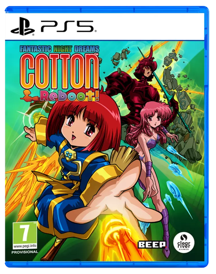 Portada del juego Cotton Reboot! con dos personajes estilo anime y el logo de PS5.