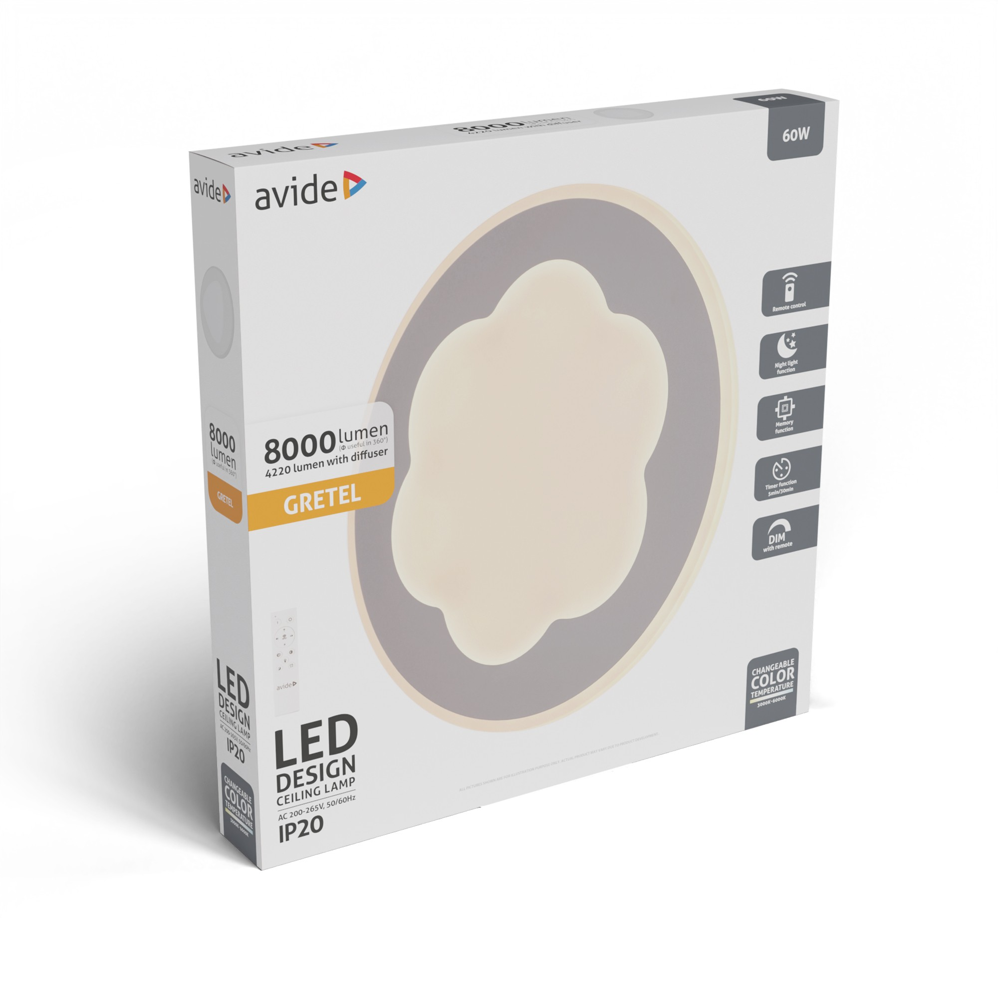 Egy 60W-os LED mennyezeti lámpa doboza, 8000 lumen, távirányítóval.